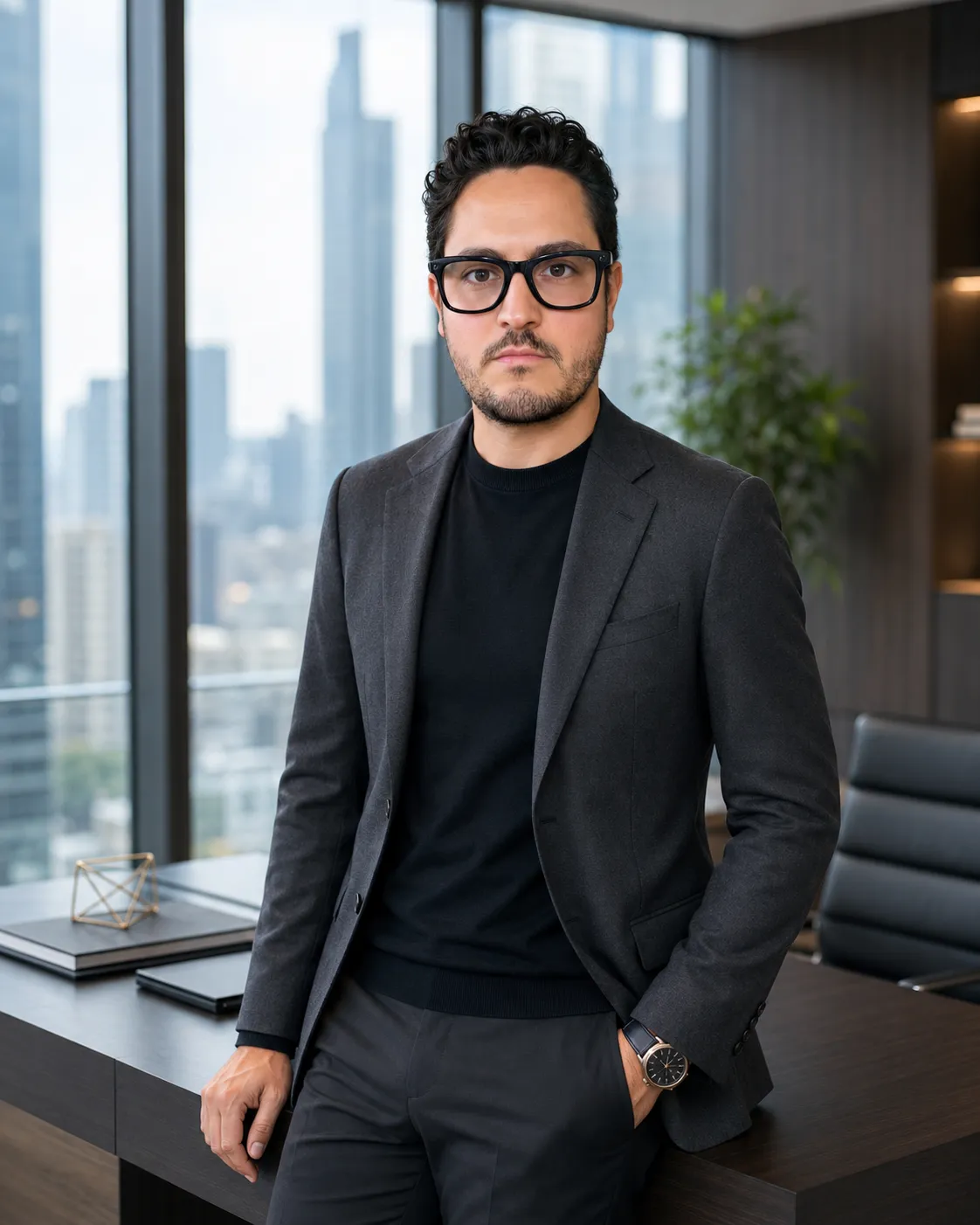 Marcílio Drummond em pé, de blazer grafite escuro, ao lado de uma mesa com um objeto geométrico dourado, skyline da cidade ao fundo, expressão séria e postura de autoridade.
