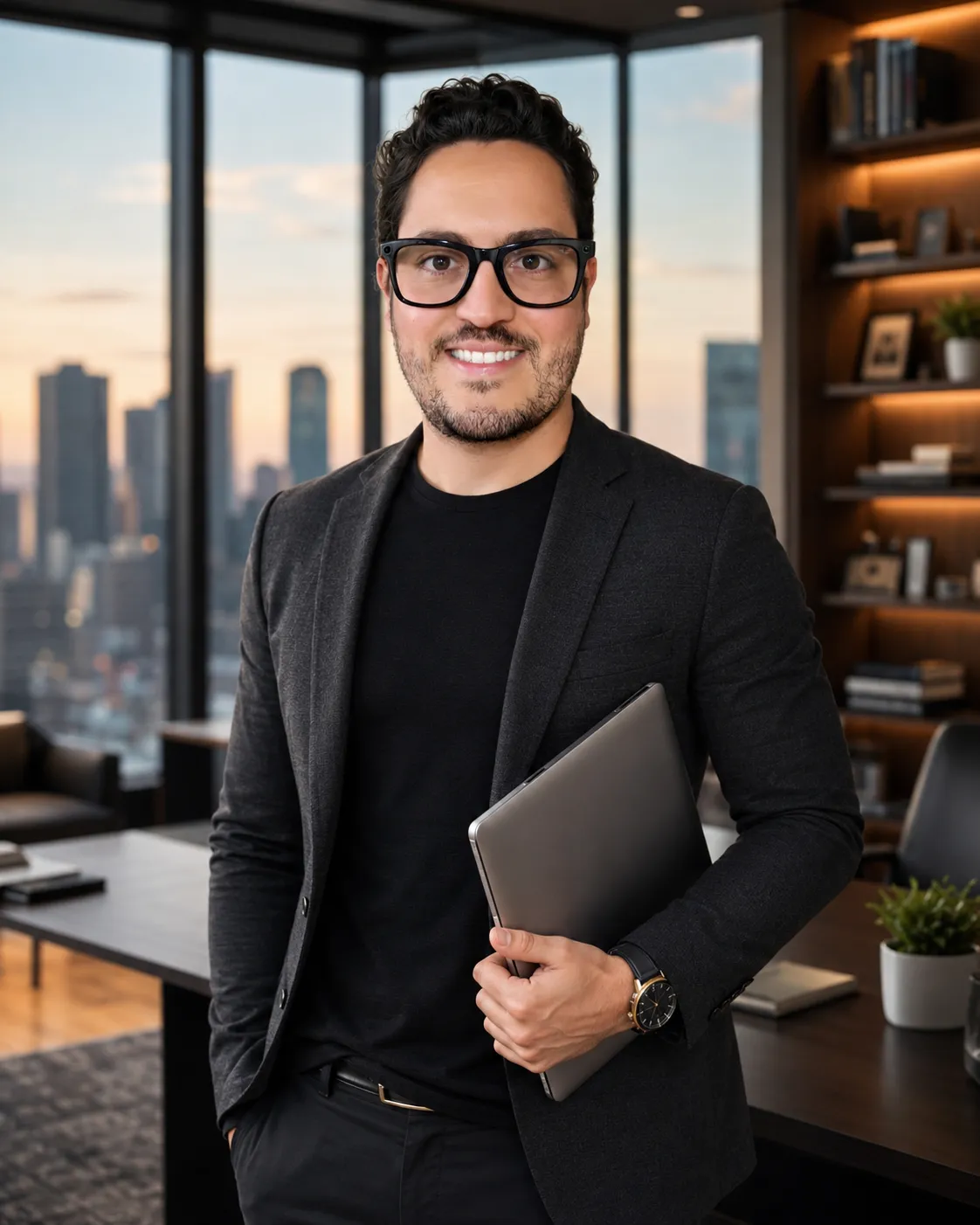Marcílio Drummond em pé com um laptop nas mãos, diante de uma estante e do skyline da cidade ao entardecer.