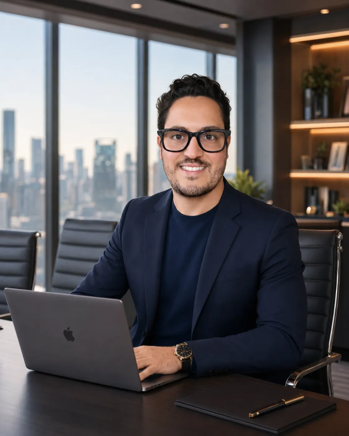 Marcílio Drummond em uma mesa de reunião com MacBook, com o skyline da cidade ao fundo durante o dia.