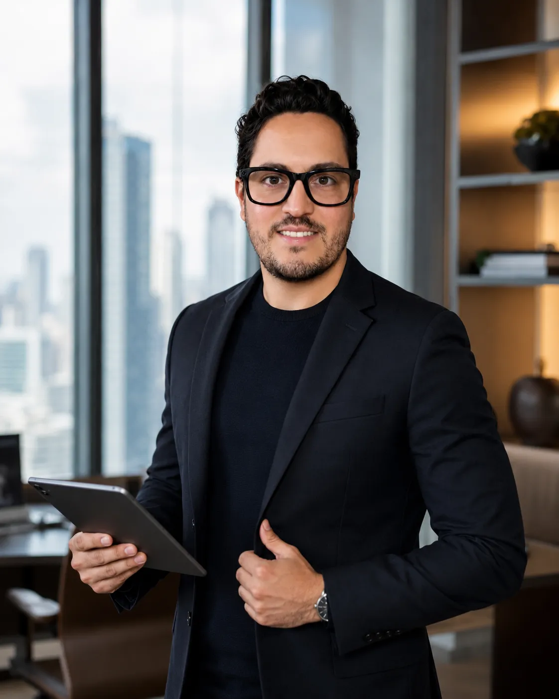 Marcílio Drummond em pé segurando um tablet, em ambiente escuro com o skyline da cidade ao fundo.