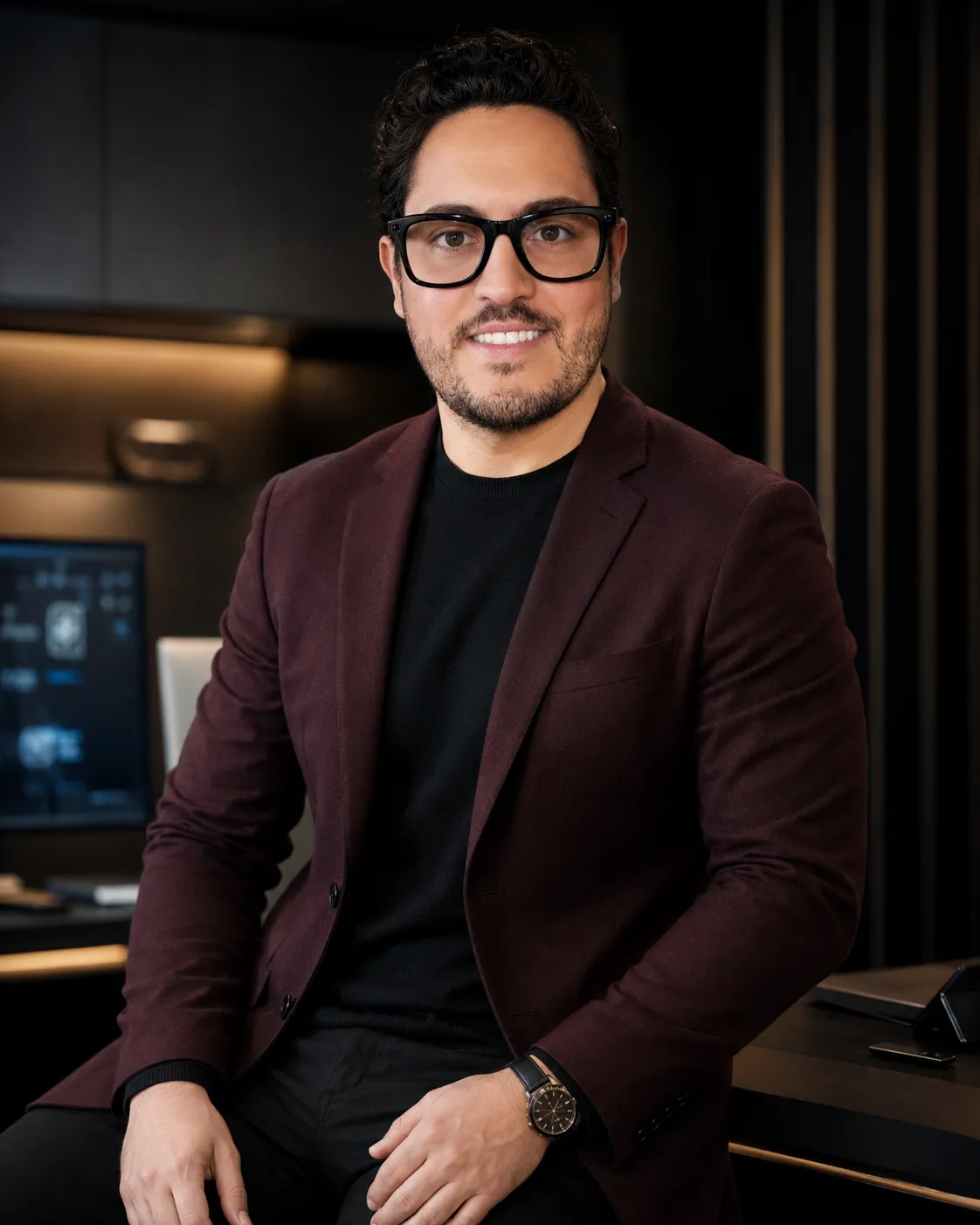 Marcílio Drummond de blazer bordô, sentado na beirada de uma mesa em um escritório escuro de iluminação cinematográfica, com uma tela de trabalho ao fundo.