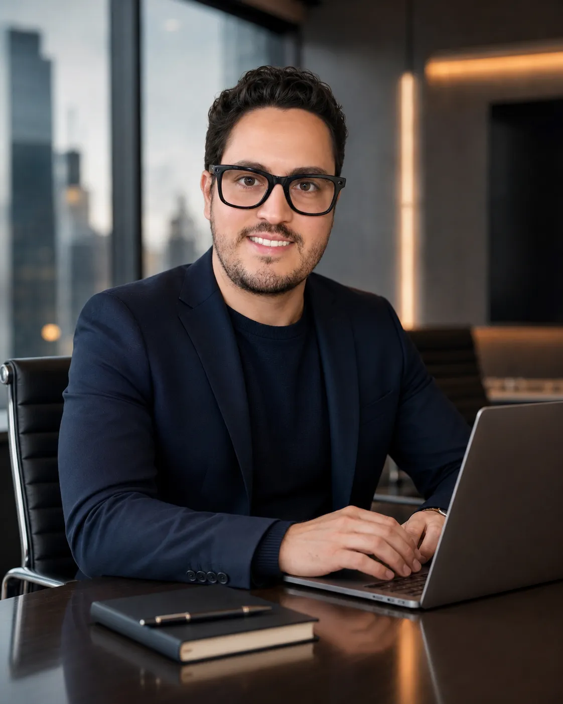 Marcílio Drummond digitando em um laptop, em uma sala escura de luz quente.